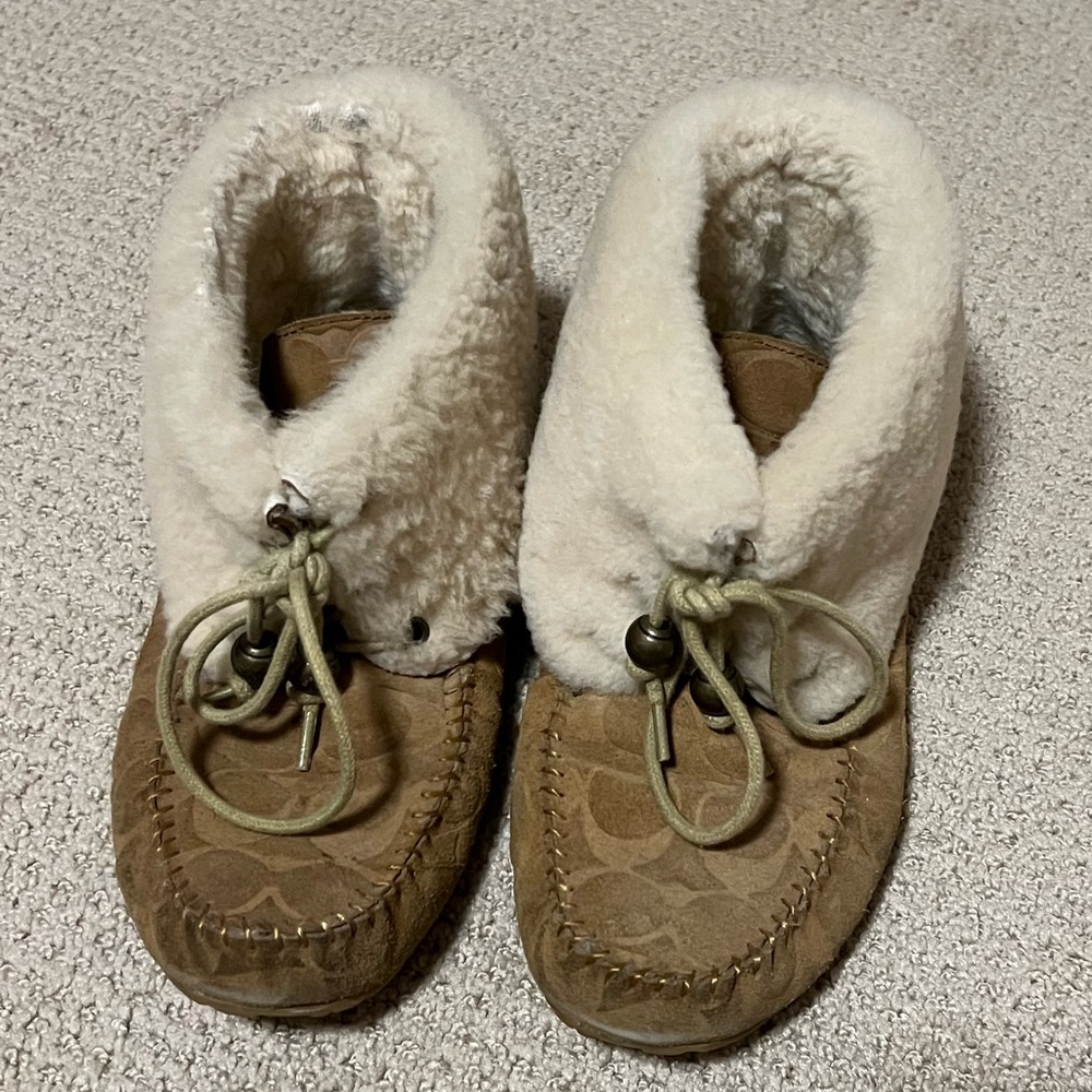 Coach Cailyn fur and suede moccasin lace up booties